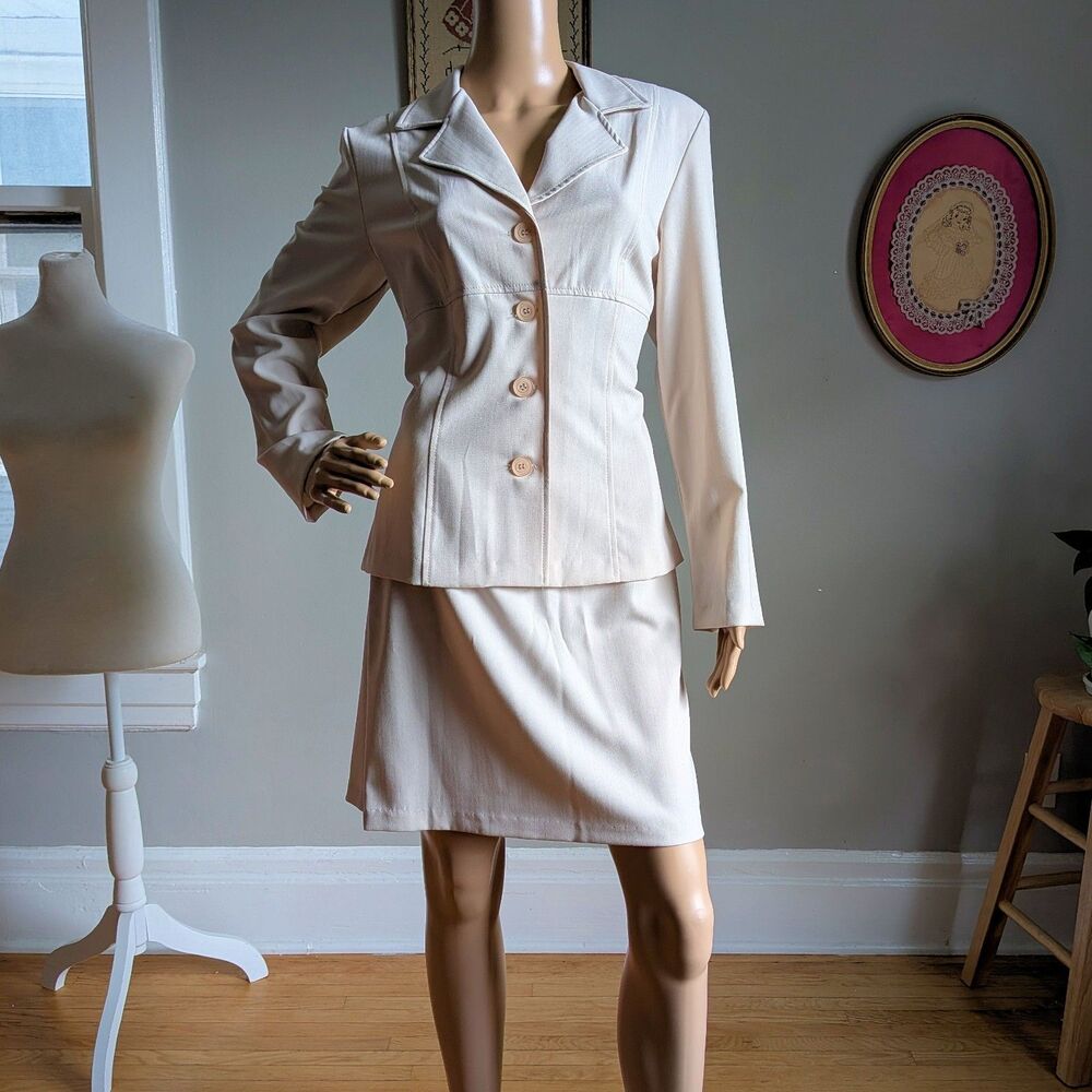 Vintage 90s Alyn Paige Skirt Suit Set Blazer Cream Ally McBeal Office Corpcore